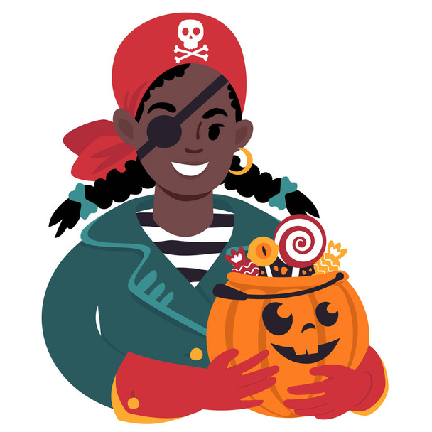 Ragazza africana con zucca di Halloween vestita da pirata. Illustrazione in stile piatto - Vettoriali, immagini
