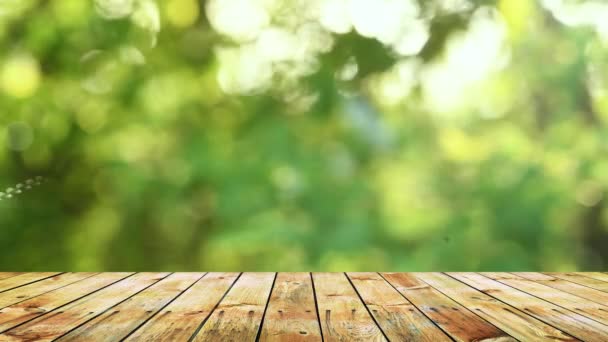 Empty wooden table with fresh green defocused background - Πλάνα, βίντεο