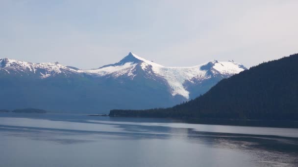 Yeşil ağaçlı dağ. Arka planda karlı bir dağ var. Alaska fiyortları, eşsiz doğal manzaralar. Alaska, ABD. Haziran 2019. - Video, Çekim