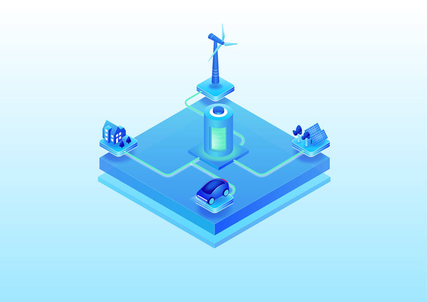 Concept of renewable energy battery storage for electricity. 3d isometric vector illustration of electric power infrastructure based on sustainable energy sources which is then stored in a battery  - Vector, imagen