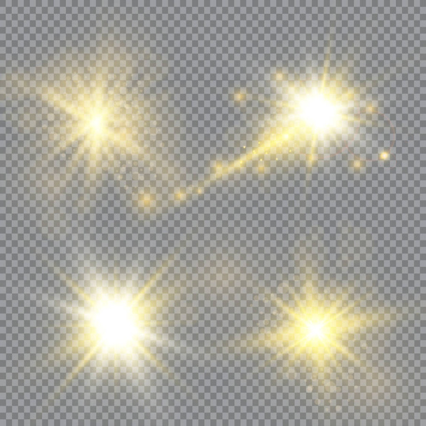 Ilustración vectorial de rayos de luz de llamarada abstracta. Un conjunto de estrellas, luz y resplandor, rayos y brillo. - Vector, Imagen