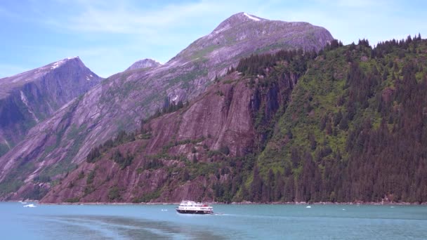 Maak een boottocht over het meer om de ijsbergen te zien. Alaska uitzicht in de zomer. De fjorden van Alaska, unieke natuurlandschappen. Alaska, USA. juni 2019. - Video