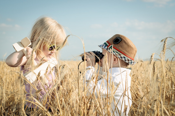 麦畑で遊ぶ 2 つの小さな子供たち - 写真・画像