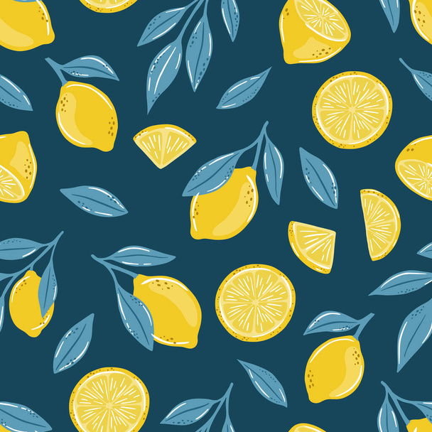 Nahtloses Muster handgezeichneter Zitronen. Zitrusfrüchte Hintergrund. Perfekt für textile Tapeten-Poster - Vektor, Bild