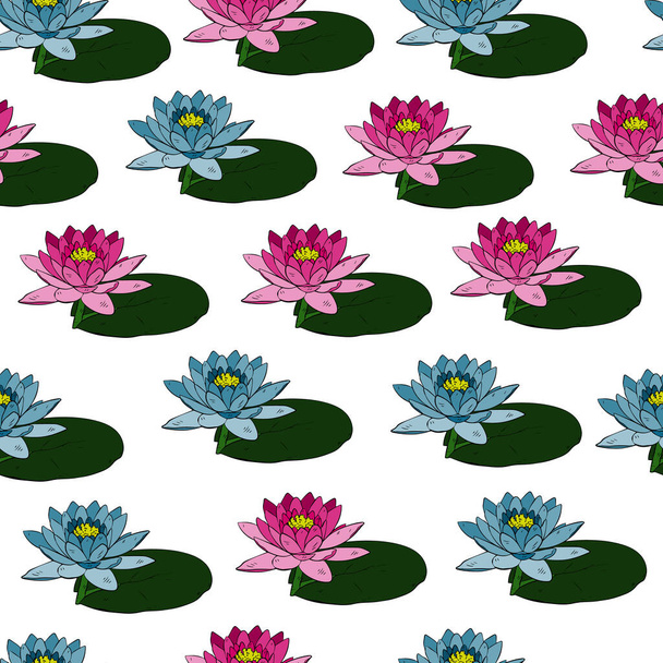 Vector illustratie, naadloos patroon, blauwe en paarse waterlelies met groene bladeren op een witte achtergrond, ontwerp voor papier en textiel - Vector, afbeelding