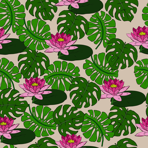Vektor illusztráció, zökkenőmentes minta, rózsaszín vízililiom és trópusi levelek világos alapon, papír és textil kivitelben - Vektor, kép