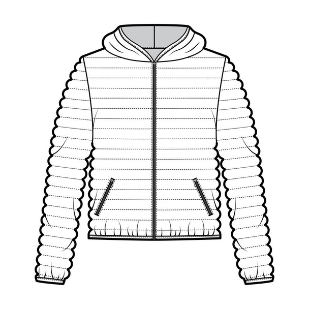 З капюшоном куртка вниз пуф технічна модна ілюстрація з довгими рукавами, закриттям блискавки, кишені, вузькими стьобами
 - Вектор, зображення