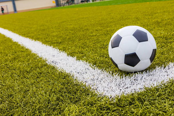 Soccer ball ,Football Artificial grass with white stripe, Football Stadium - Foto, afbeelding