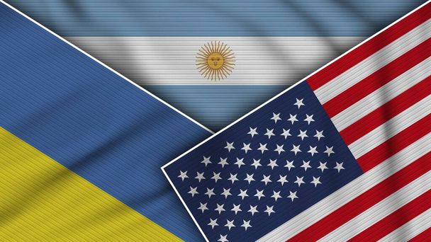 Argentyna Stany Zjednoczone Ameryki Ukraina Flagi Razem Fabric Texture Effect Illustration - Zdjęcie, obraz