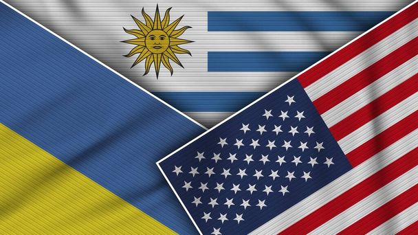 Urugwaj Stany Zjednoczone Ameryki Flagi Ukrainy Razem Efekt tekstury tkaniny Ilustracja - Zdjęcie, obraz