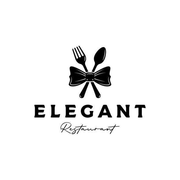 elegante, luxo, silhueta restaurante logotipo design vetor com laço, garfo e, colher - Vetor, Imagem