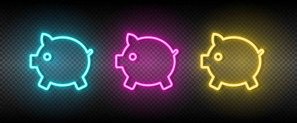 dinheiro, dinheiro, ícone do vetor de neon do banco porquinho. Ilustração azul néon, amarelo, ícone vermelho definido. - Vetor, Imagem