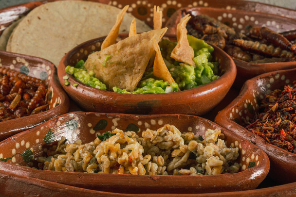 escamoles (Ameiseneier) gebraten mit Tortilla-Chips und Guacamole, traditionelles mexikanisches Essen prähispanischen Ursprungs, serviert auf einem Tonteller. - Foto, Bild