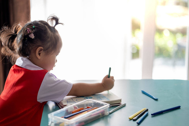 A cute Asian female child drawing with pencils - Fotoğraf, Görsel