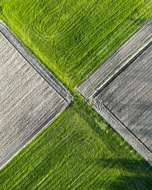 A vertical overhead shot of landscape with straight lines of gray and green fields - Fotoğraf, Görsel