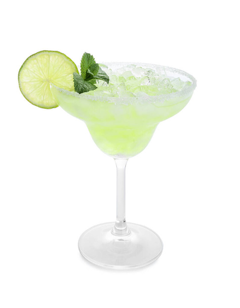 Glass of cold daiquiri cocktail on white background - Photo, image