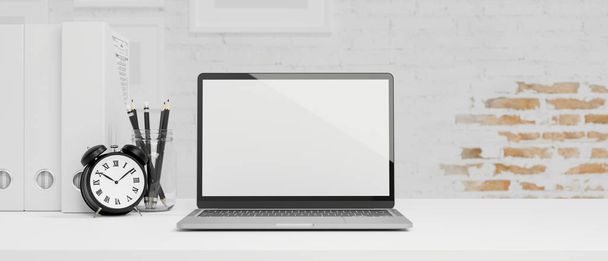 Minimal στυλ χώρου εργασίας με γενική οθόνη laptop κενό, ρολόι, μολύβια, φάκελο αρχείων σε λευκό τραπέζι εργασίας, λευκό τοίχο από τούβλα, 3D απόδοση, 3D εικόνα - Φωτογραφία, εικόνα
