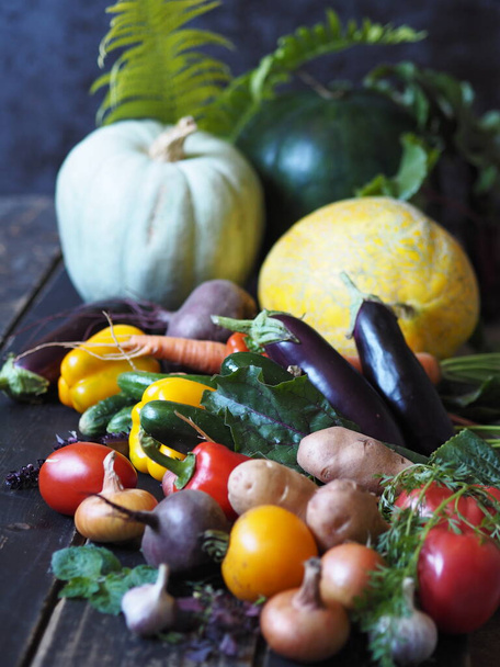 Autumn harvest.Free copy space. Various natural vegetables and fruits, grown in the country, on a dark wooden background. Autumn harvest. Free copy space. - Foto, immagini
