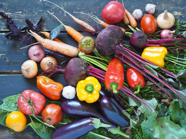Top view close up.Agricultural background. Heap of fresh vegetables on a rustic wooden dark background. - Photo, Image