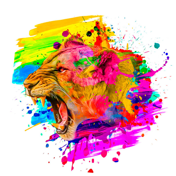 kolorowe artystyczne wściekłe lwica z otwartymi ustami z jasnymi rozpryskami farby na białym tle. - Zdjęcie, obraz