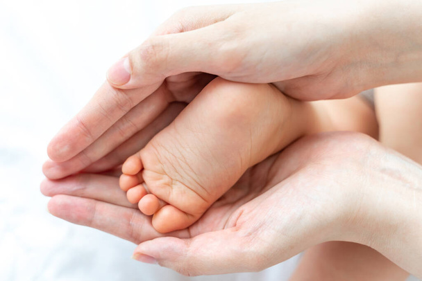 Les pieds du nouveau-né sont dans les mains de la mère femelle gros plan concept maman et bébé - Photo, image