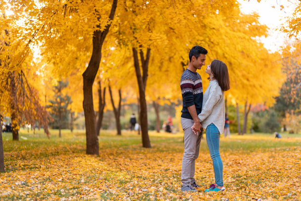 Прекрасная пара, стоящая в осеннем парке и держащаяся за руки, смешанная раса пара - Фото, изображение