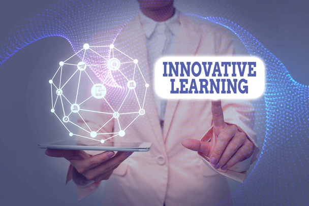 Text showing inspiration Innovative Learning. Concept meaning Interdisciplinary teaching that stirs analytic thinking Lady In Uniform Holding Tablet In Hand Virtually Tapping Futuristic Tech. - Photo, Image