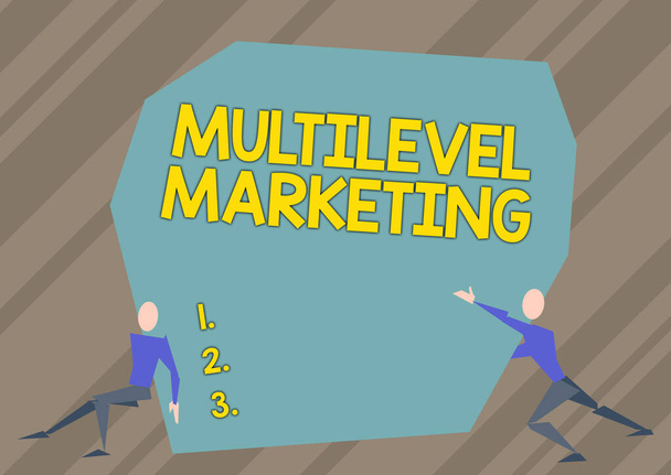Text caption presenting Multilevel Marketing. Business idea marketing strategy for the sale of products or services Two Men Illustration Trying To Lift Extra Large Rock To Free The Way. - Photo, Image