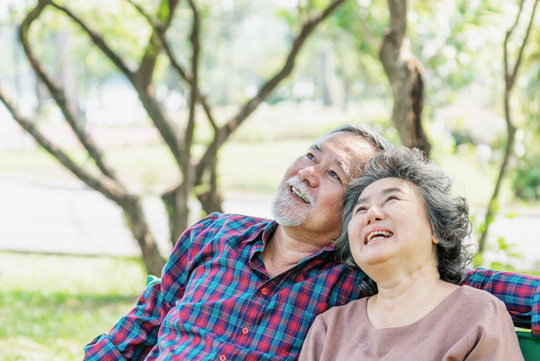 Χαρούμενη αγάπη Ηλικιωμένο ζευγάρι χαμόγελο πρόσωπο, Ηλικιωμένοι ζευγάρι γέρος και ηλικιωμένη γυναίκα χαλαρωτική αγκαλιά σε ένα δάσος - Φωτογραφία, εικόνα