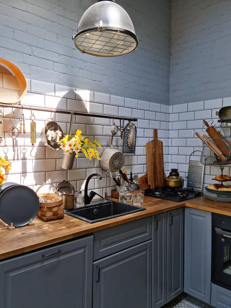 retro style kitchen in a country house. kitchen utensils.  - Фото, изображение