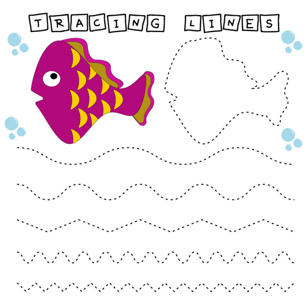 Tracing lines game with funny fishes. Worksheet for preschool kids, kids activity sheet, printable worksheet - Photo, Image