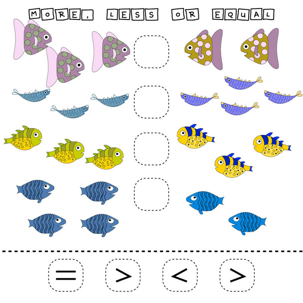 Mikä on suurempi, vähemmän tai yhtä suuri peli hauskoja kaloja. Laskentataulukko esikoululaisille, lasten aktiivisuustaulukko, tulostettava laskentataulukko - Valokuva, kuva