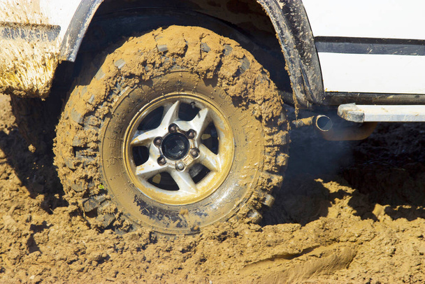 泥の中のジープの車輪 - 写真・画像