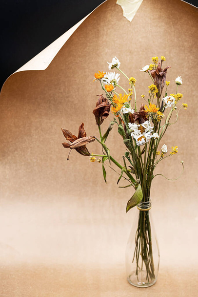 Strauß schöner getrockneter Blumen, stimmungsvolles Herbst-Stillleben. Minimalistische, stilvolle Komposition mit trockenen Blumen in Glasvase, Kopierraum. - Foto, Bild
