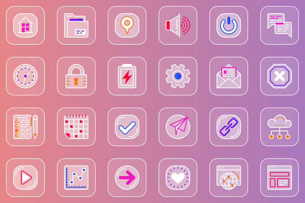 User interface web glassmorphic icons set. Pack outline pictograms of home, folder, location, audio, chat, battery charge, settings, email, accept, link, arrow and other. Vector line glass symbols - Vector, Image