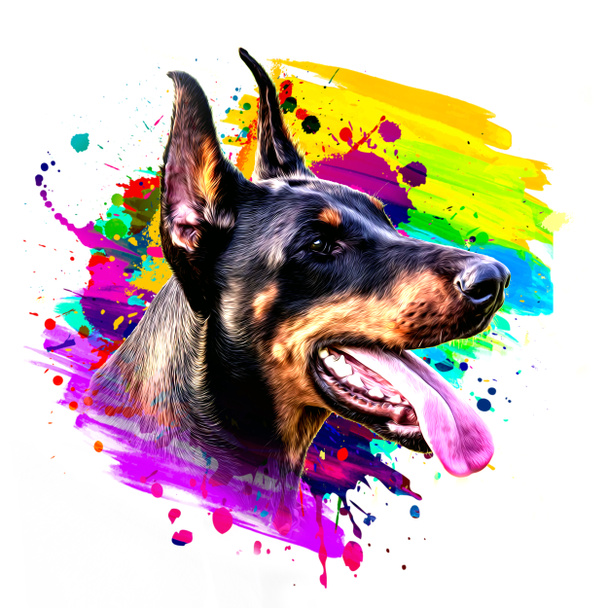 kolorowy doberman artystyczny pies pysk z jasnymi rozpryskami farby na białym tle. - Zdjęcie, obraz