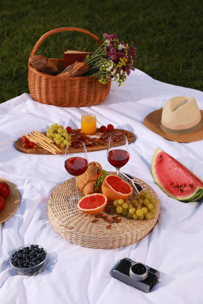Delicious food and wine served for summer picnic on plaid outdoors - 写真・画像