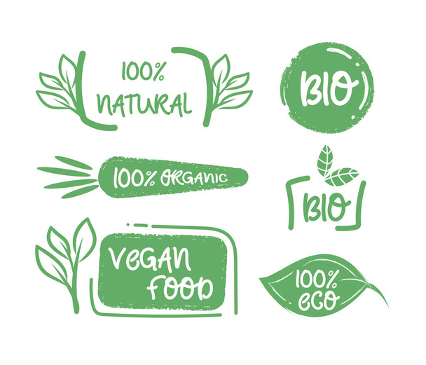 Органічні харчові етикетки. Веганська етикетка та значки здорової їжі Векторний набір
 - Вектор, зображення