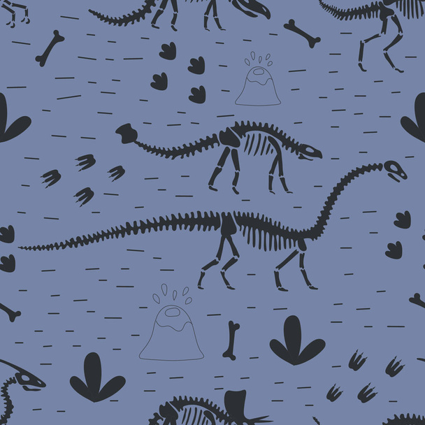 Кости динозавров бесшовный рисунок на синем фоне. Смешная векторная иллюстрация скелет Дино в скандинавском стиле. Детский дизайн для детской одежды, постельного белья, текстиля, печати, обоев. - Вектор,изображение