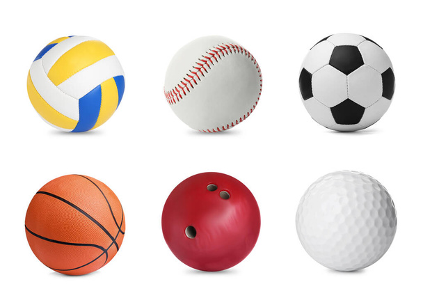 Set with different balls on white background. Sports equipment - Φωτογραφία, εικόνα