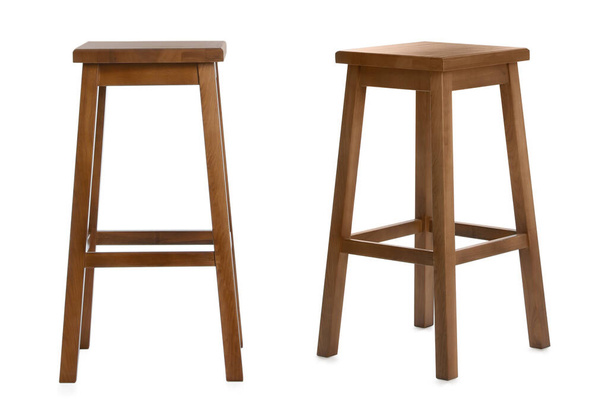 Stylish wooden bar stools on white background, collage - 写真・画像
