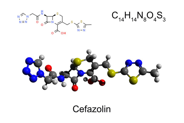 Chemický vzorec, strukturní vzorec a 3D ball-and-stick model antibiotického cefazolinu, bílé pozadí - Fotografie, Obrázek