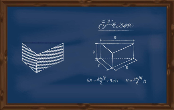 Prisma. Bosquejo de una figura geométrica y fórmulas para calcular su superficie y volumen dibujado en tiza sobre pizarra - Vector, Imagen