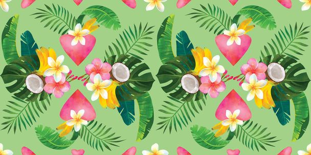 Tropical seamless pattern with bouquet of monstera leaves, hibiscus, plumeria, coconut, banana, heart. Fashionable plant illustration. Summer background. It's perfect for textile and wrapping paper. - Photo, Image