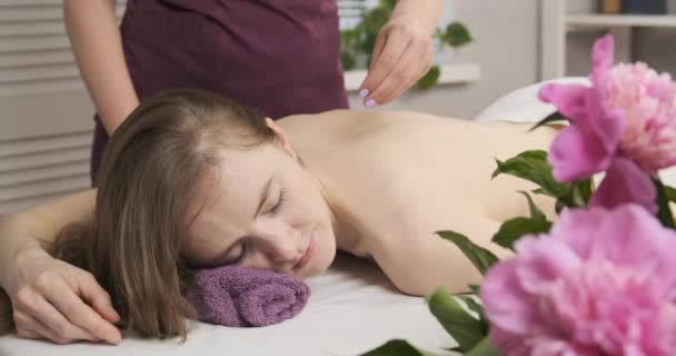 Молода красива жінка лежить на спа-ліжку і отримує масаж спини. Лікування краси. Догляд за тілом. Розслабляючий масаж
. - Кадри, відео