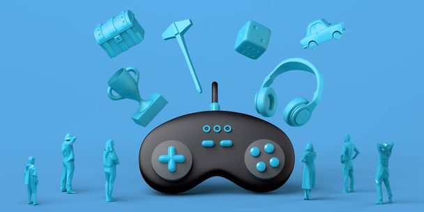 Giant gamepad with headset, dice, chest, and prize floating around, watched by people. Gaming concept. Banner. App.  3D illustration. - Foto, Imagen