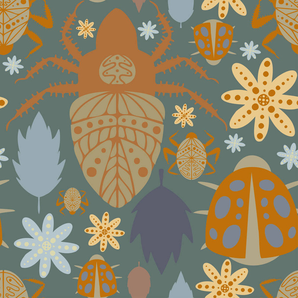 Patrón de vector sin costuras con dibujos animados coloridos decorativos insectos retro y flores - Vector, Imagen
