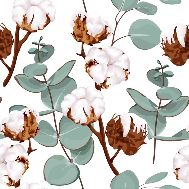 Seamless pattern with cotton flowers and eucalyptus branches. Botanical vector illustration on a white background. - Vector, Image