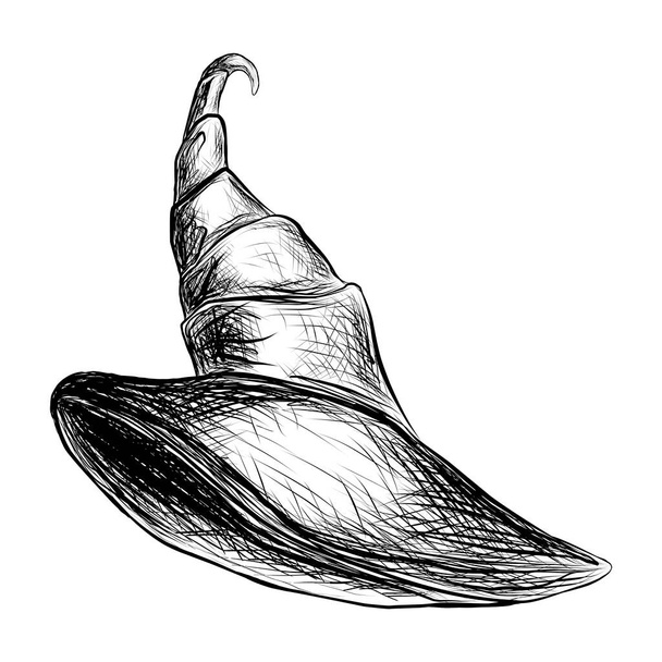 Chapéu de bruxa esboço, contorno preto isolado em fundo branco, ilustração vetorial para design e decoração, vintage, gráficos - Vetor, Imagem