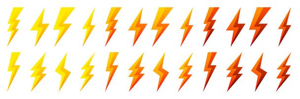 Gelbe und rote Blitz-Symbole isoliert auf weißem Hintergrund. Blitzsymbol, Blitz. Einfaches Blitzeinschlag-Zeichen. Vektorillustration. - Vektor, Bild